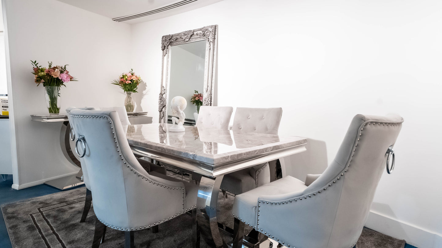 Marble Dining Table with 6 Grey Velvet Duke Chairs (SET)