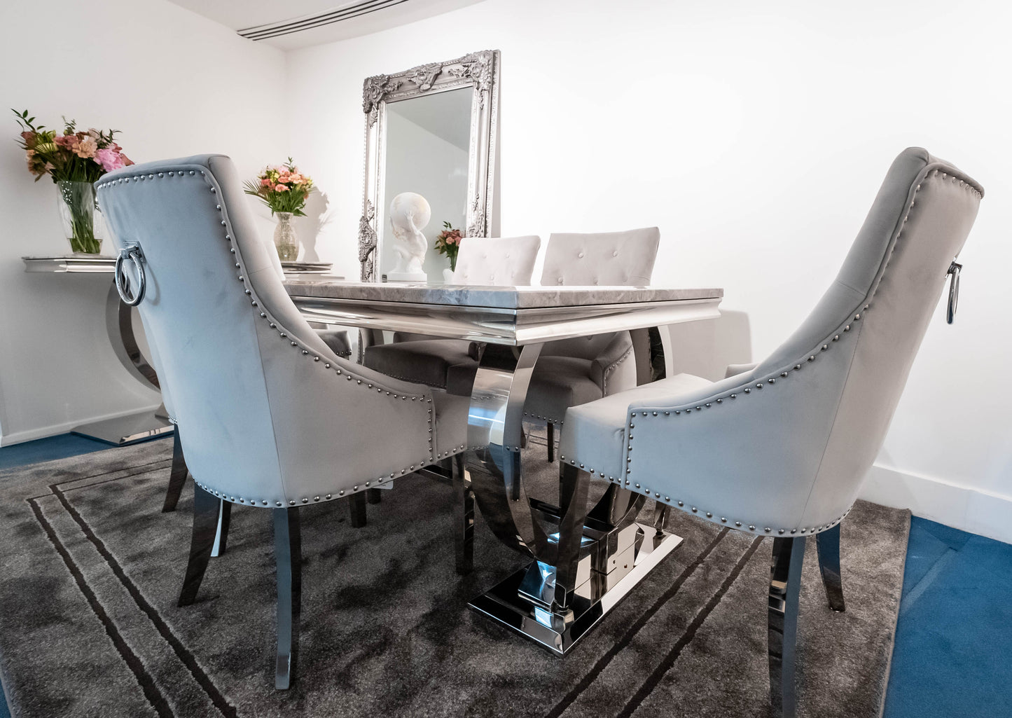 Marble Dining Table with 6 Grey Velvet Duke Chairs (SET)