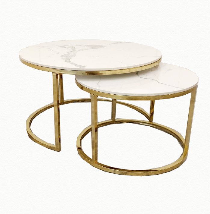 Ato Nest of 2 Short Round Coffee Gold Tables with Polar White Sintered Stone Tops Regular price