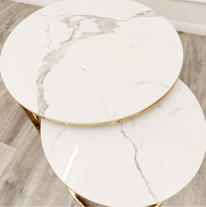 Ato Nest of 2 Short Round Coffee Gold Tables with Polar White Sintered Stone Tops Regular price