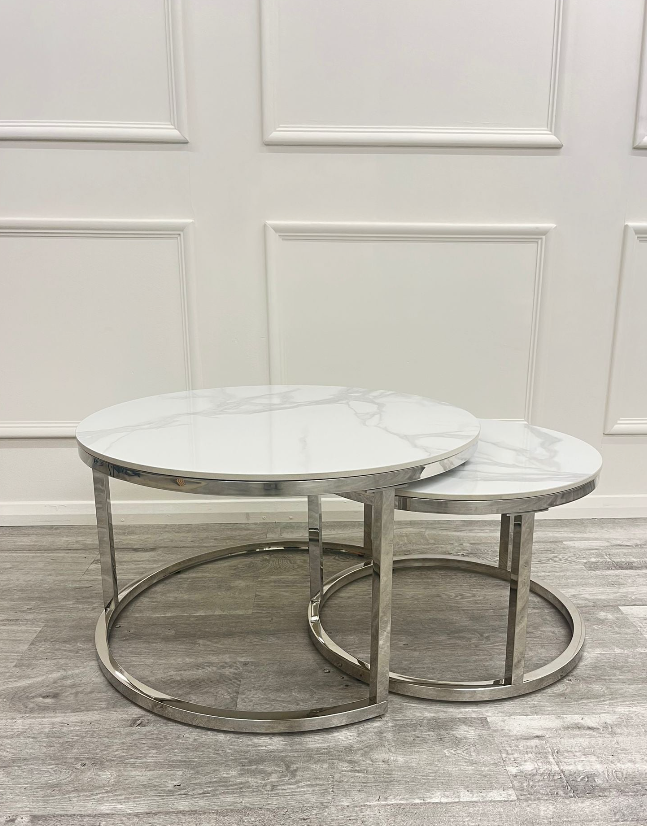 Ato Nest of 2 Short Round Coffee Silver Tables with Polar White Sintered Stone Tops Regular price