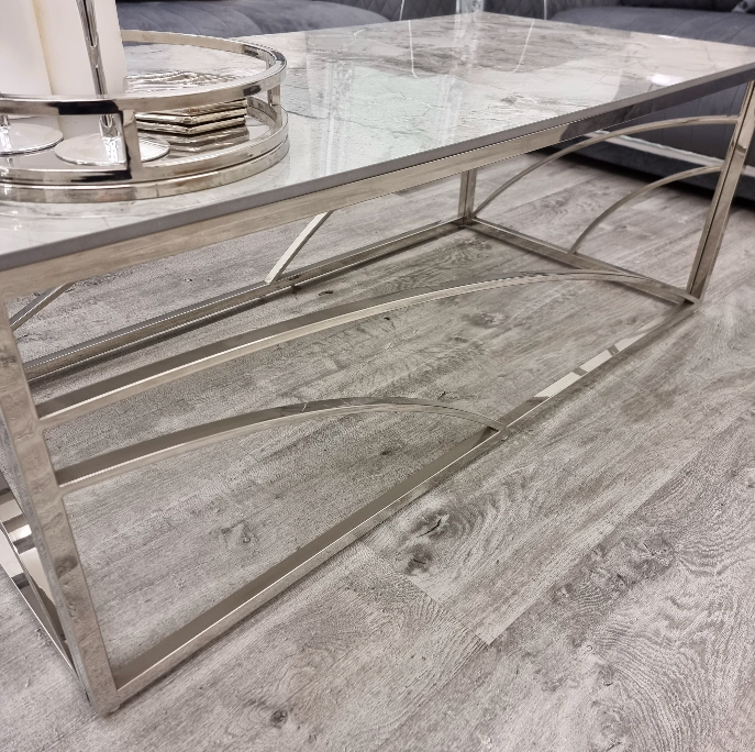 Ella Chrome Coffee Table with Stomach Ash Grey Sintered Top