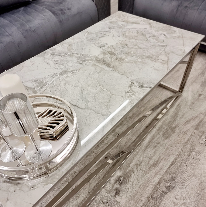 Ella Chrome Coffee Table with Stomach Ash Grey Sintered Top