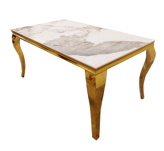 S3 Gold Dining Table  with pandora Marble Top + 4 cream Bentley Shimmer Chairs SET (S3)