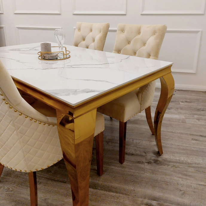S3 Gold Dining Table with White Marble Top + 4 cream Bentley Shimmer Chairs SET (S3)