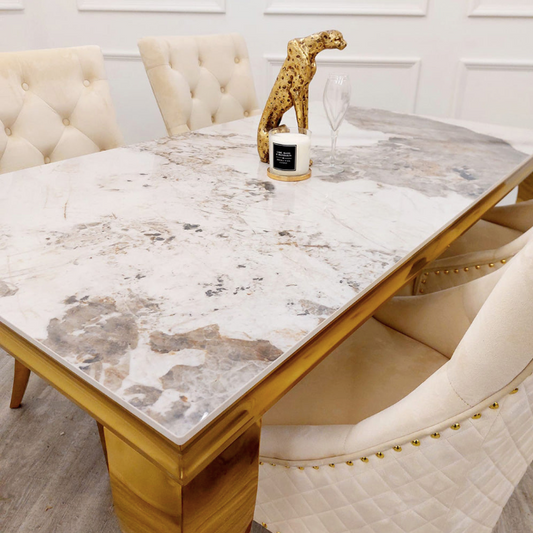 S3 Gold Dining Table  with pandora Marble Top + 4 cream Bentley Shimmer Chairs SET (S3)
