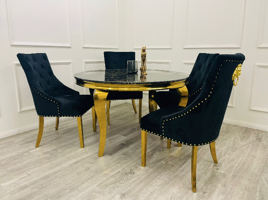 S3 Gold round Dinning Set (4 black Bentley dining chairs with gold studs and gold knockers)