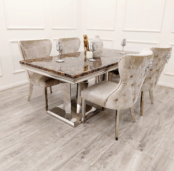 Ather Dining Table in Brown Marble W|Your choice of 4, 6 or 8 Dining Chairs