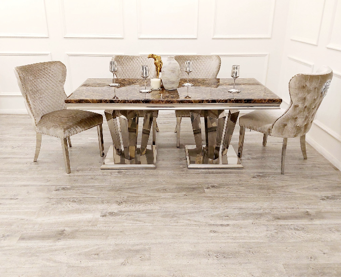 Ather Dining Table in Brown Marble W|Your choice of 4, 6 or 8 Dining Chairs