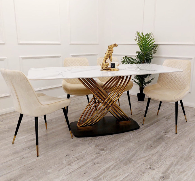Polar White Dining Table with Gold Base Set| Choice of 4 Velvet Dining Chair (Set)