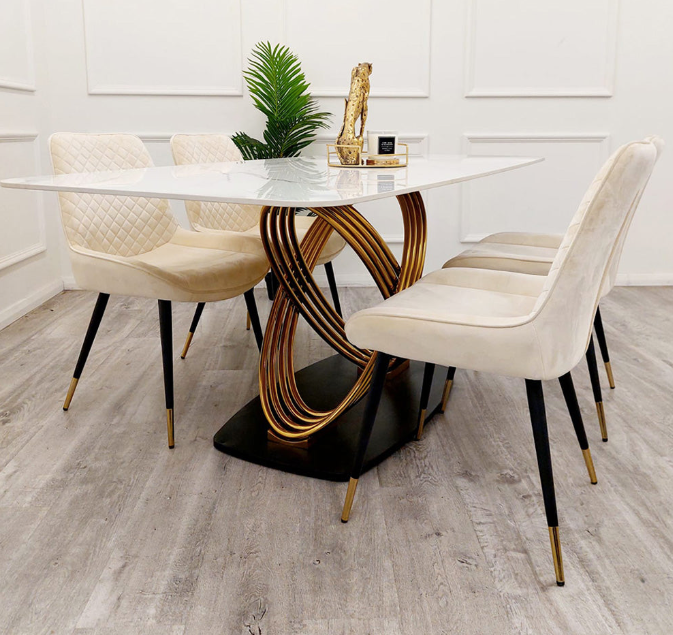 Polar White Dining Table with Gold Base Set| Choice of 4 Velvet Dining Chair (Set)