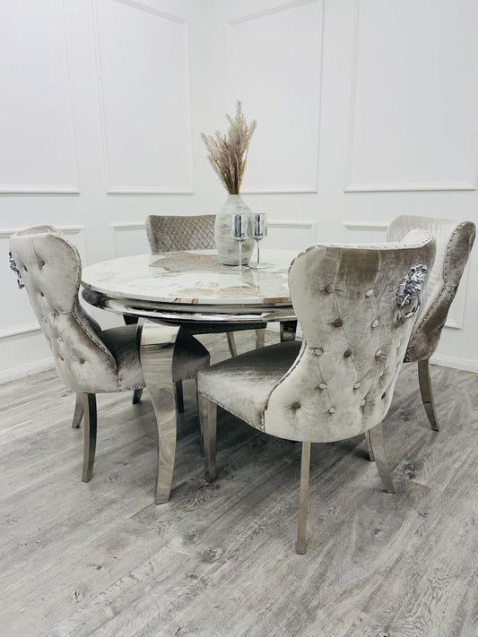 S3 Pandora marble  with Chrome round base Dining set | Choice of 4,6,8 Chairs