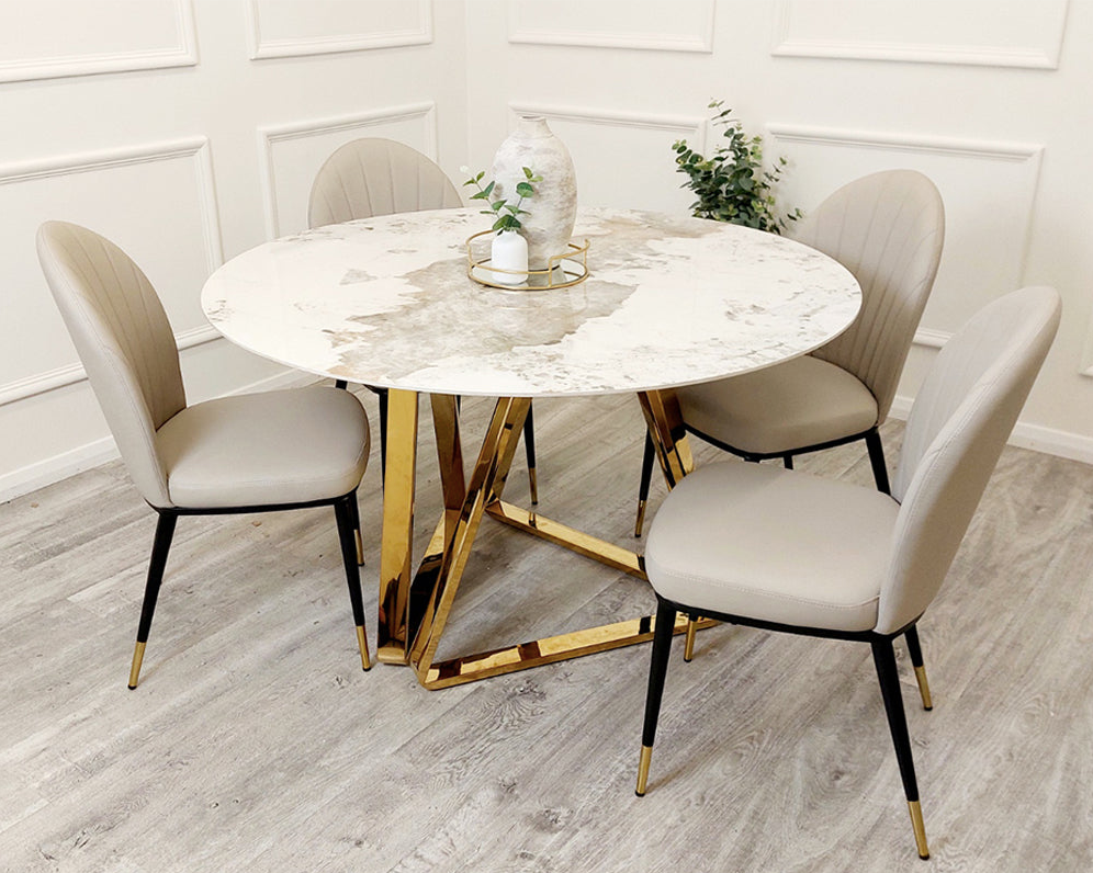 Gold Round Dining Table with 4 Leather Dining Chairs (SET)